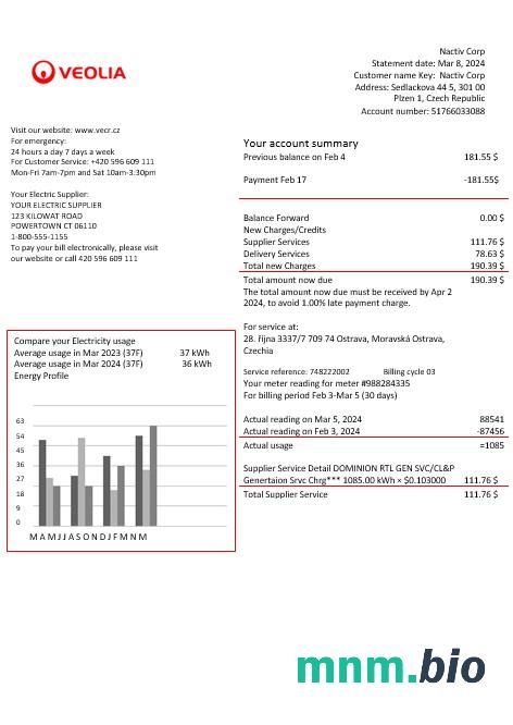 Czechia Veolia Energy Czech Republic energy rachunek za usługi komunalne w formatach word i pdf